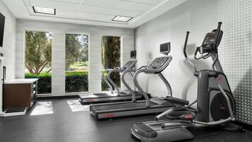 Ein Fitnessraum mit Laufbändern, Crosstrainern und einem Ergometer, großen Fenstern und Blick auf Grünflächen.