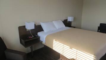A hotel room with a large bed, two bedside tables, a chair, and a desk.