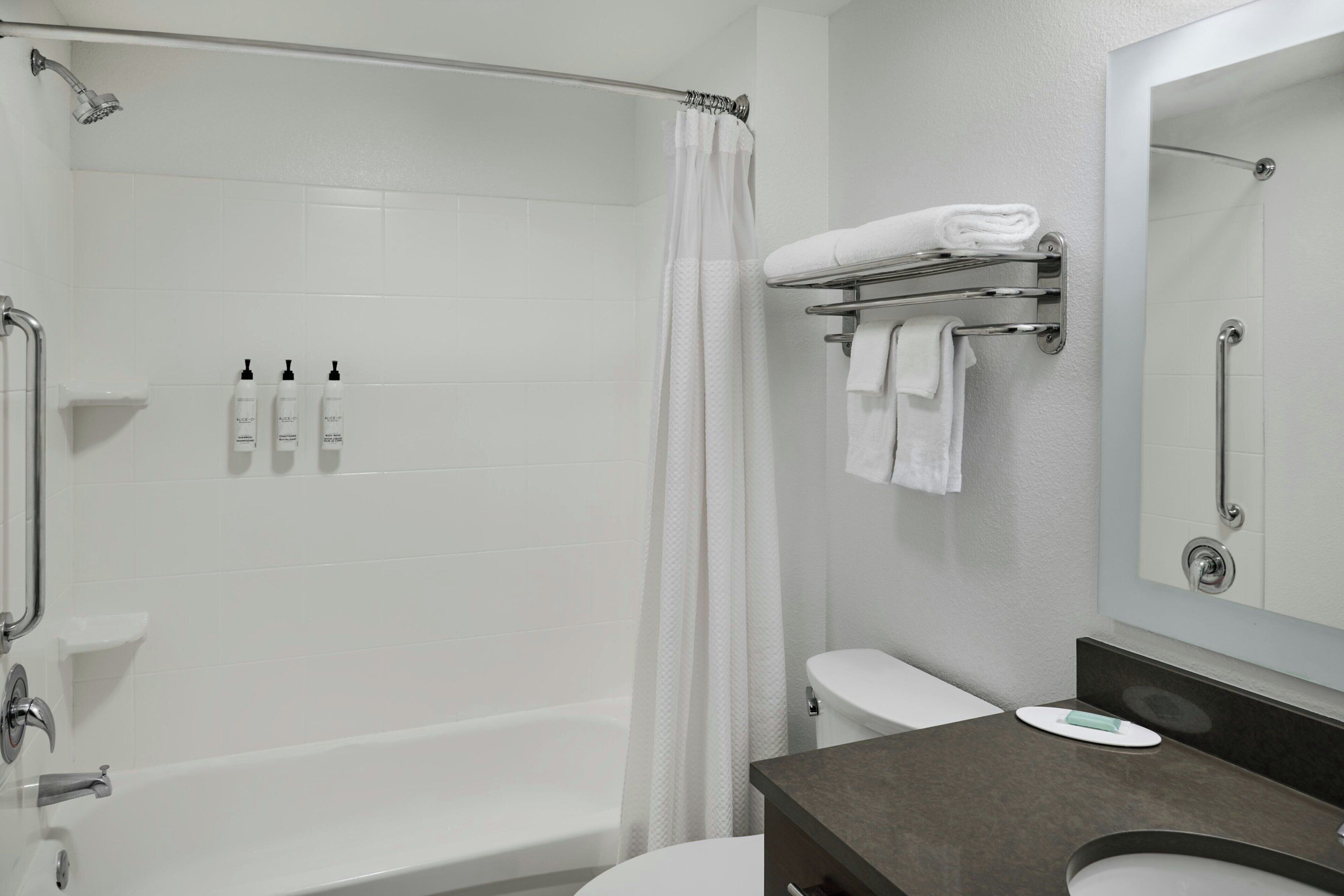 Une salle de bain moderne équipée d’une douche, de toilettes et d’un meuble-lavabo avec un miroir.