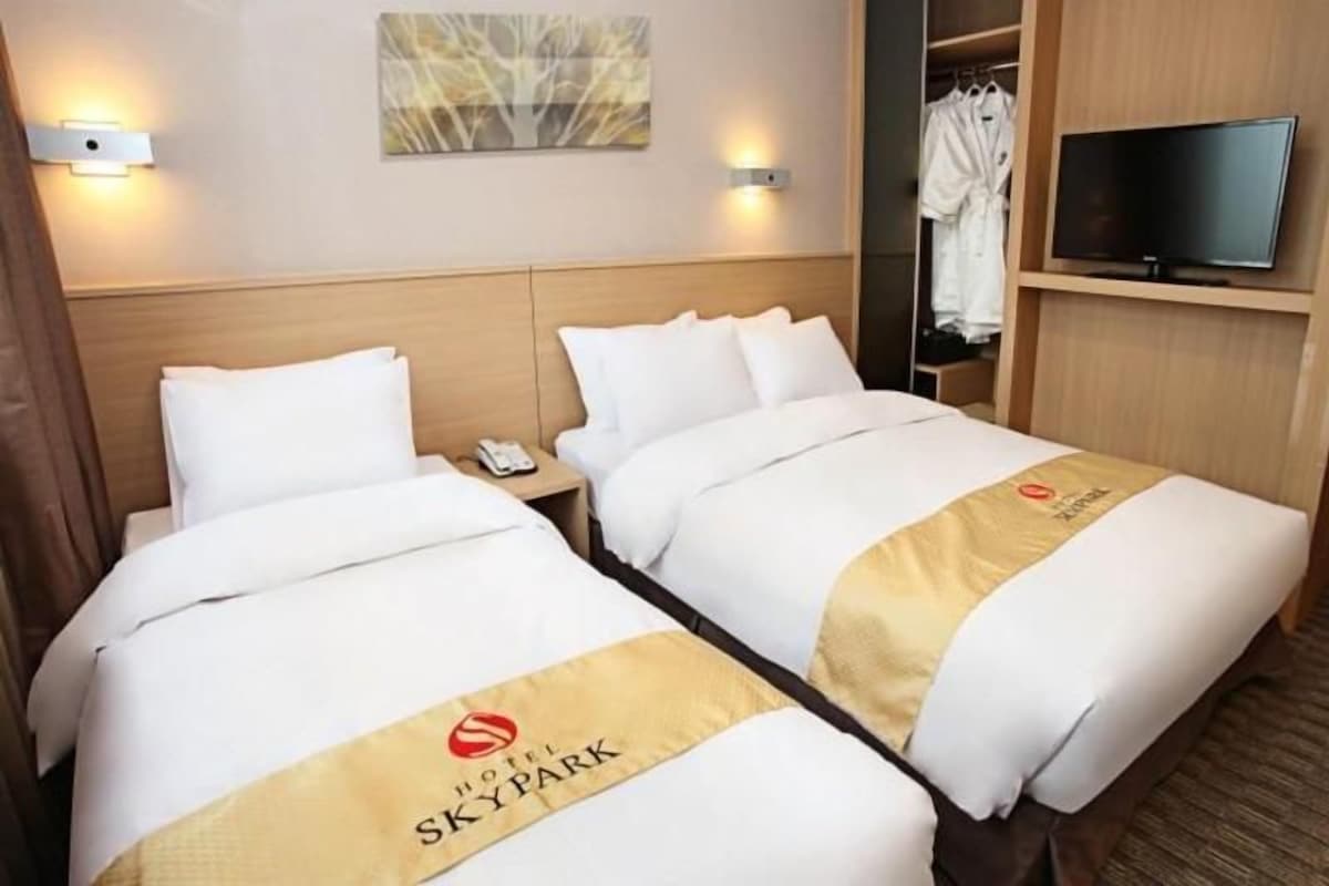 Habitación de hotel con dos camas, televisión, armario y un cuadro en la pared.
