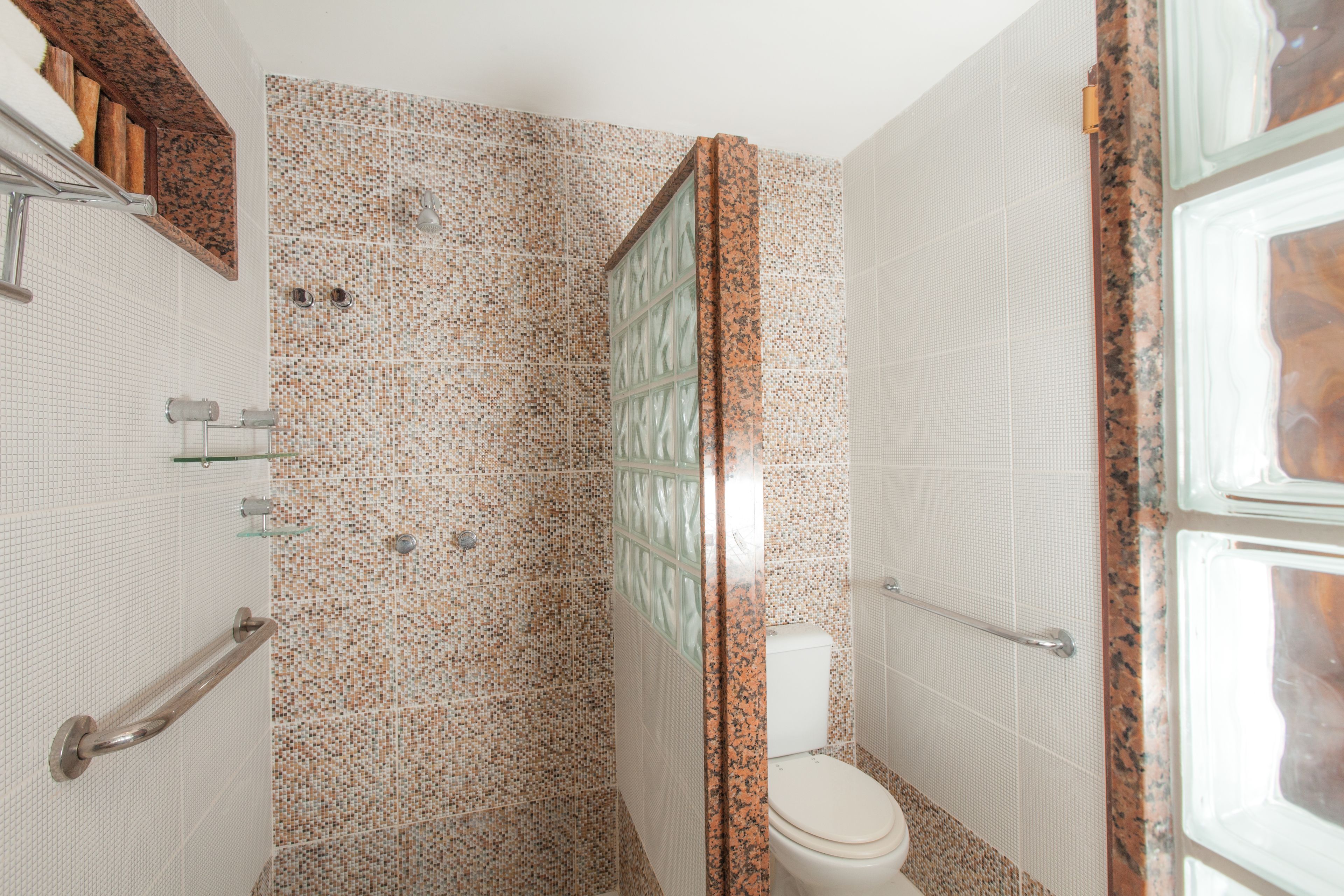 A bathroom with a mosaic tile wall, a glass shower enclosure, a toilet, and a window.