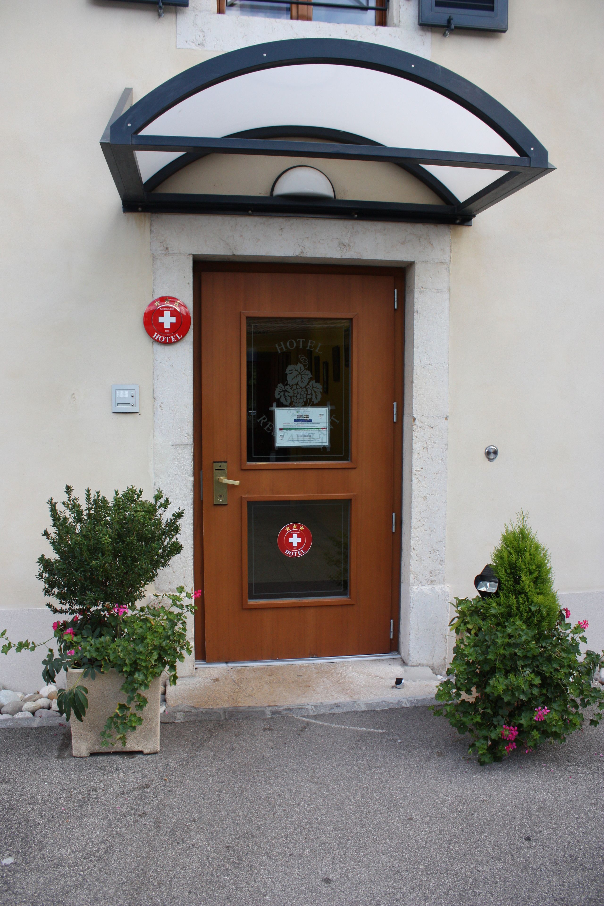 A hotel entrance with a wooden door, a glass window, and a metal awning. There are two potted plants on either side of the door.