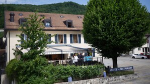 A hotel with a restaurant on the ground floor, a large tree in front, and a parking area. - Auberge Communale (Gilly)