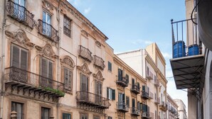 Una calle estrecha con edificios históricos, balcones y plantas en macetas.