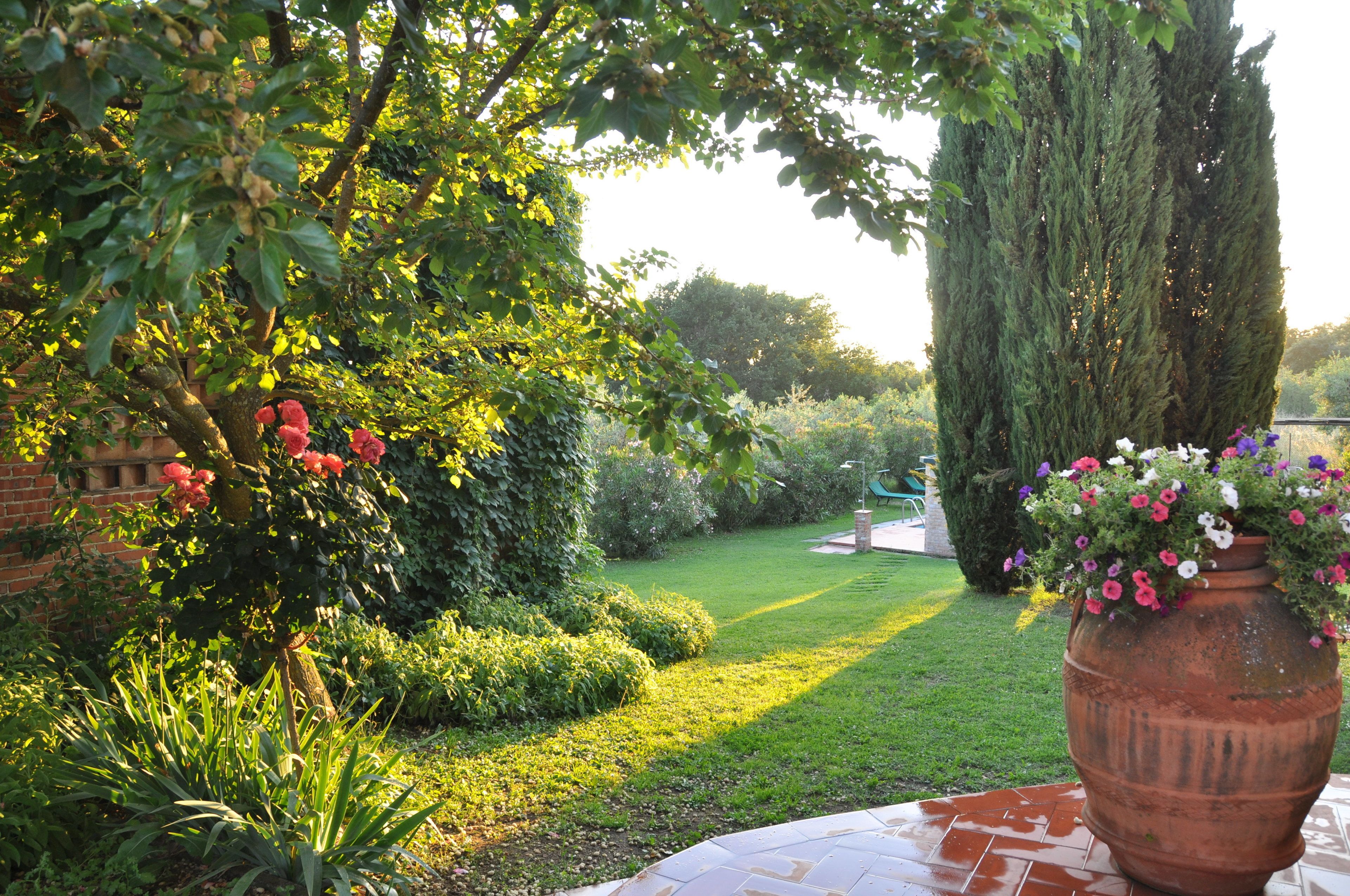 Un jardin agrémenté d’un grand pot en terre cuite rempli de fleurs, d’une pelouse bien entretenue et de grands arbres.