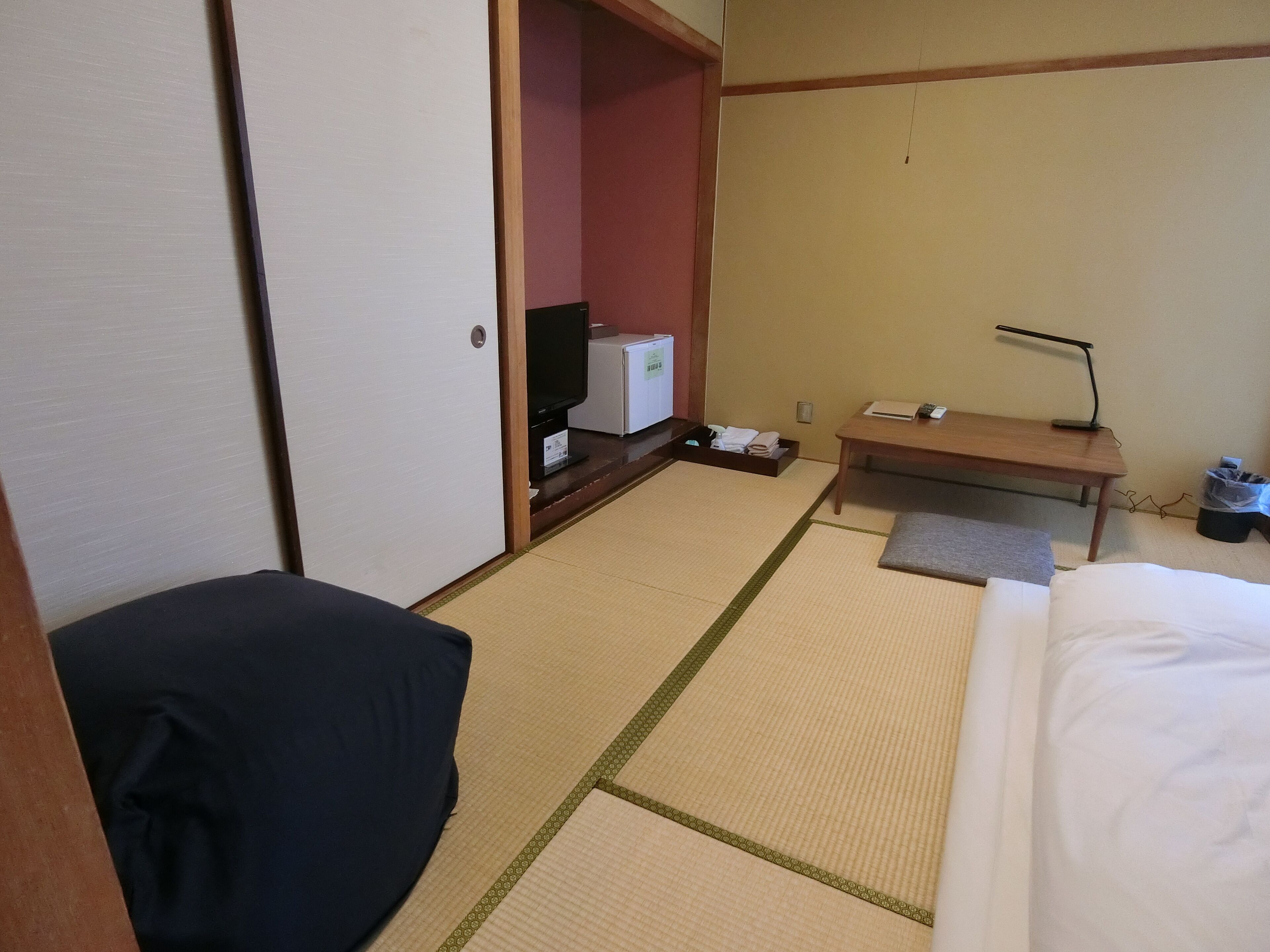 A hotel room with tatami flooring, a bed, a desk, a television, and a wardrobe.