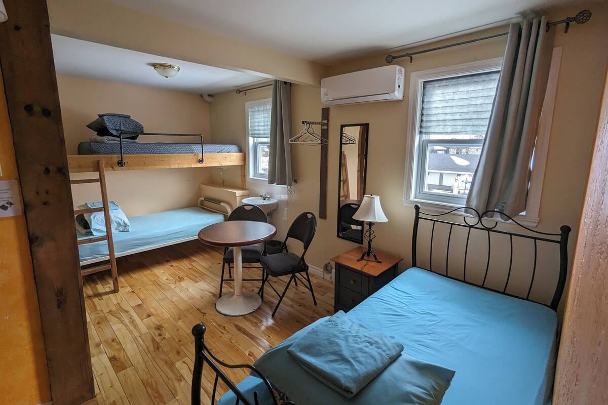 Hypo-allergenic bedding, down duvets, laptop workspace