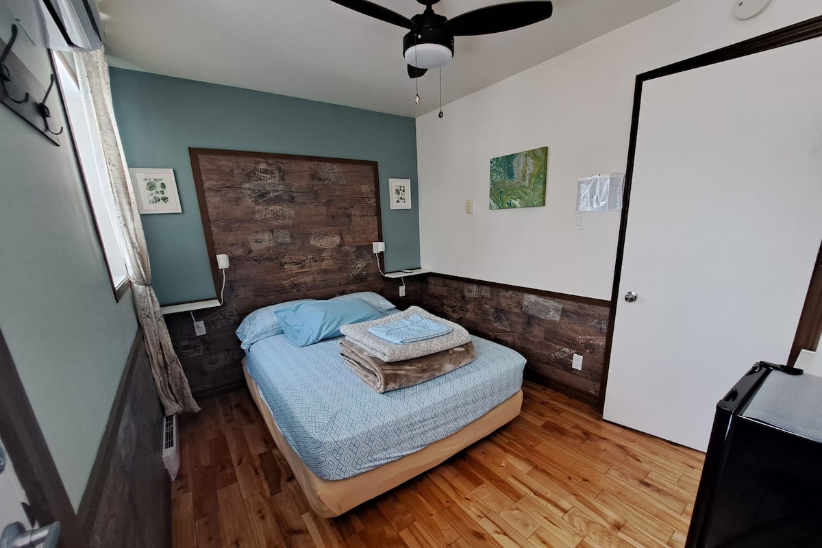 Una camera da letto con un letto, pavimento in legno, ventilatore a soffitto e una porta.