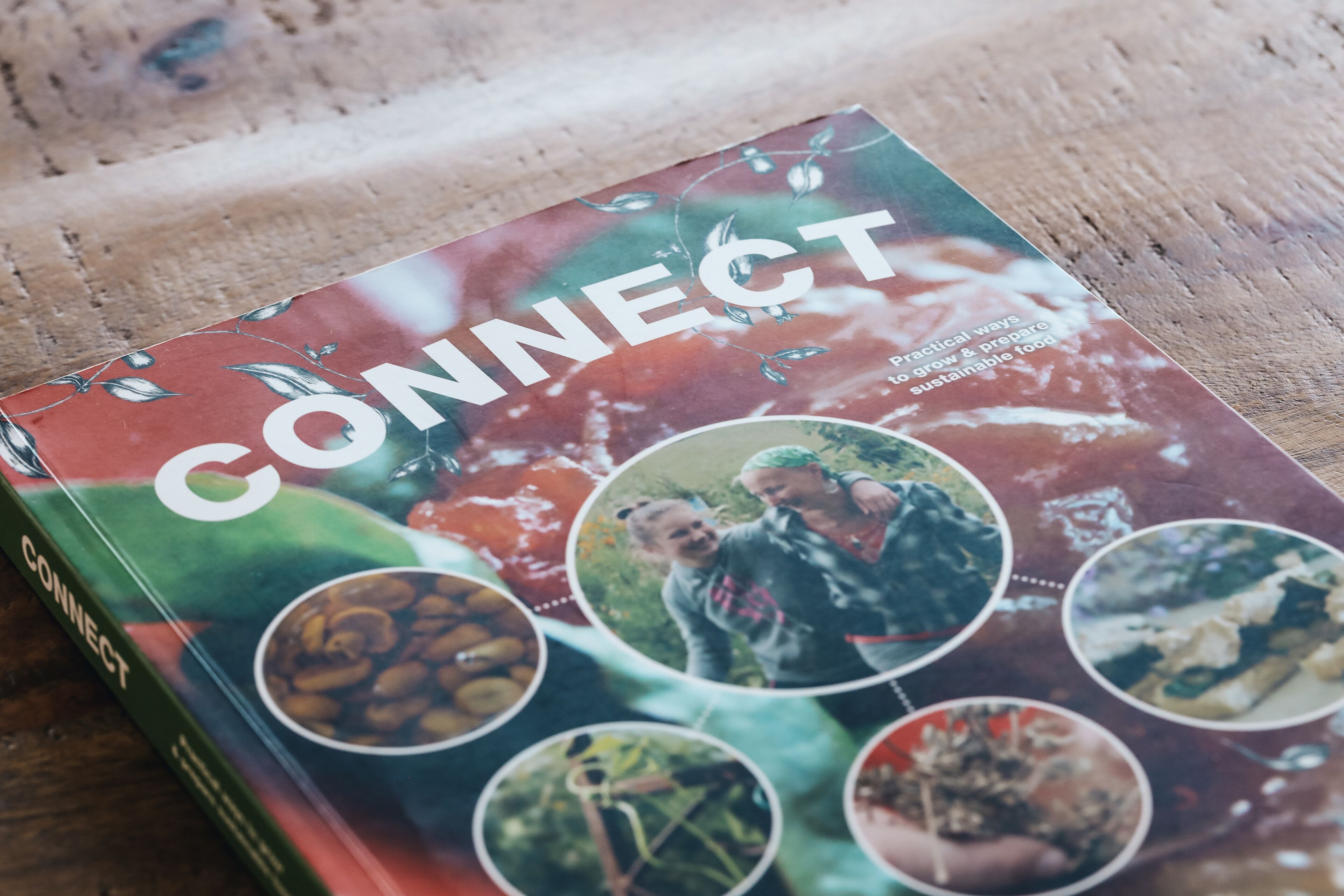 A book titled 'CONNECT' with a cover featuring various food-related images.