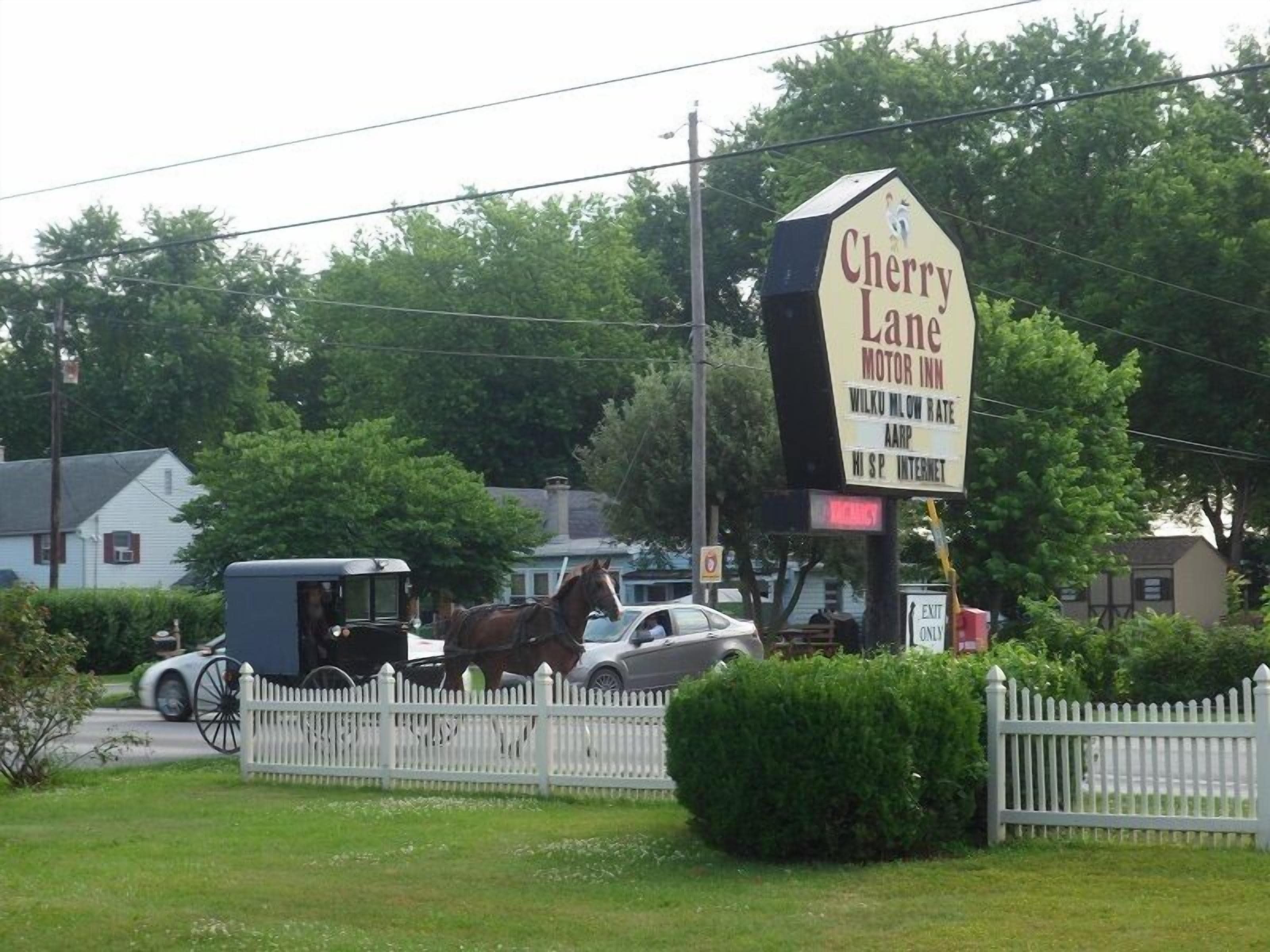Señal del Cherry Lane Motor Inn con un carruaje tirado por caballos al frente.