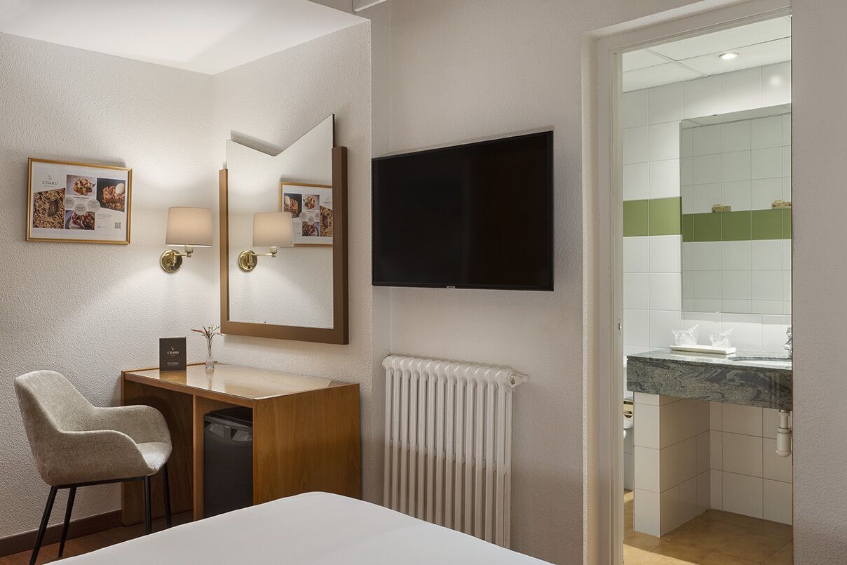 Ein Hotelzimmer mit Bett, Schreibtisch mit Stuhl, an der Wand montiertem Fernseher, Spiegel, Heizkörper und einem durchgehenden Türspalt sichtbaren Badezimmer.
