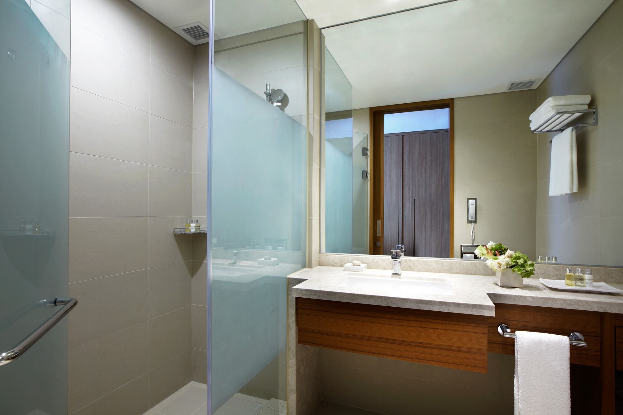 hair dryer, bathrobes, towels, soap