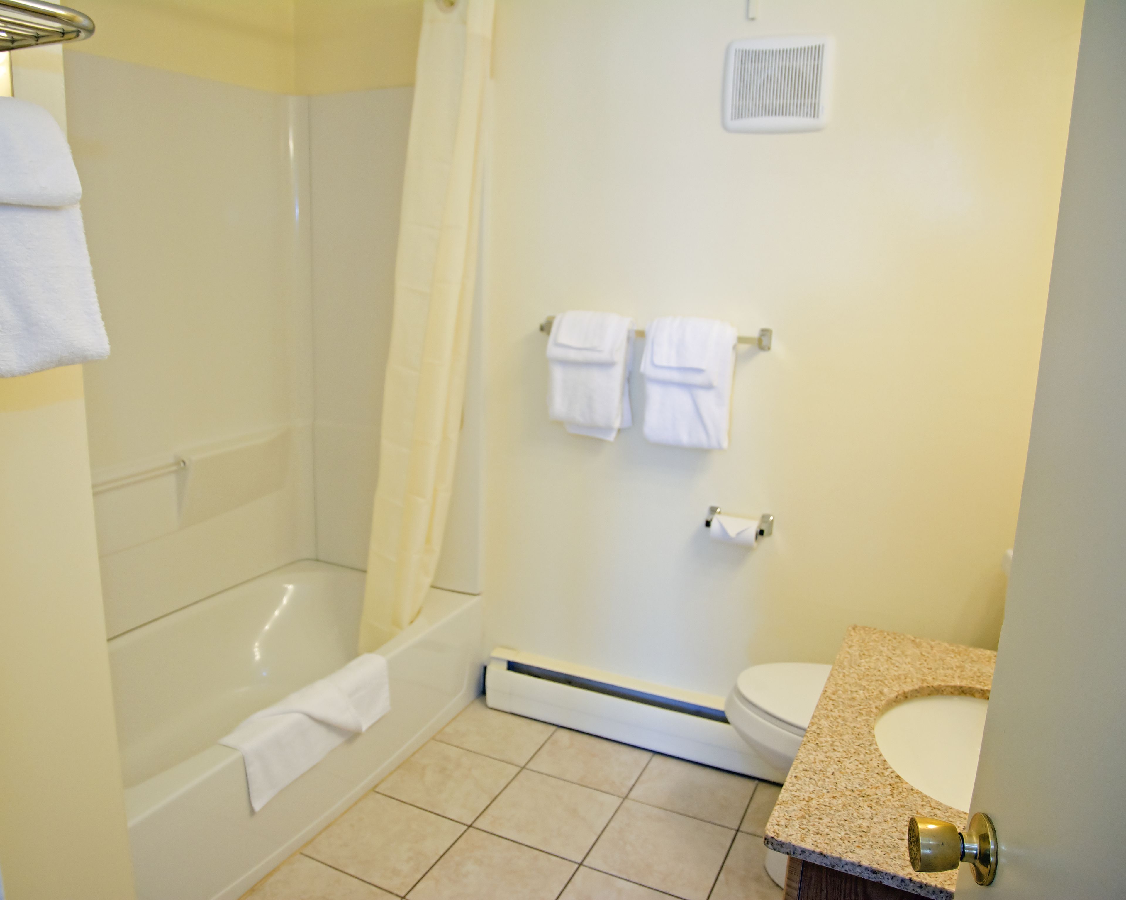 A bathroom with a shower, toilet, and sink.