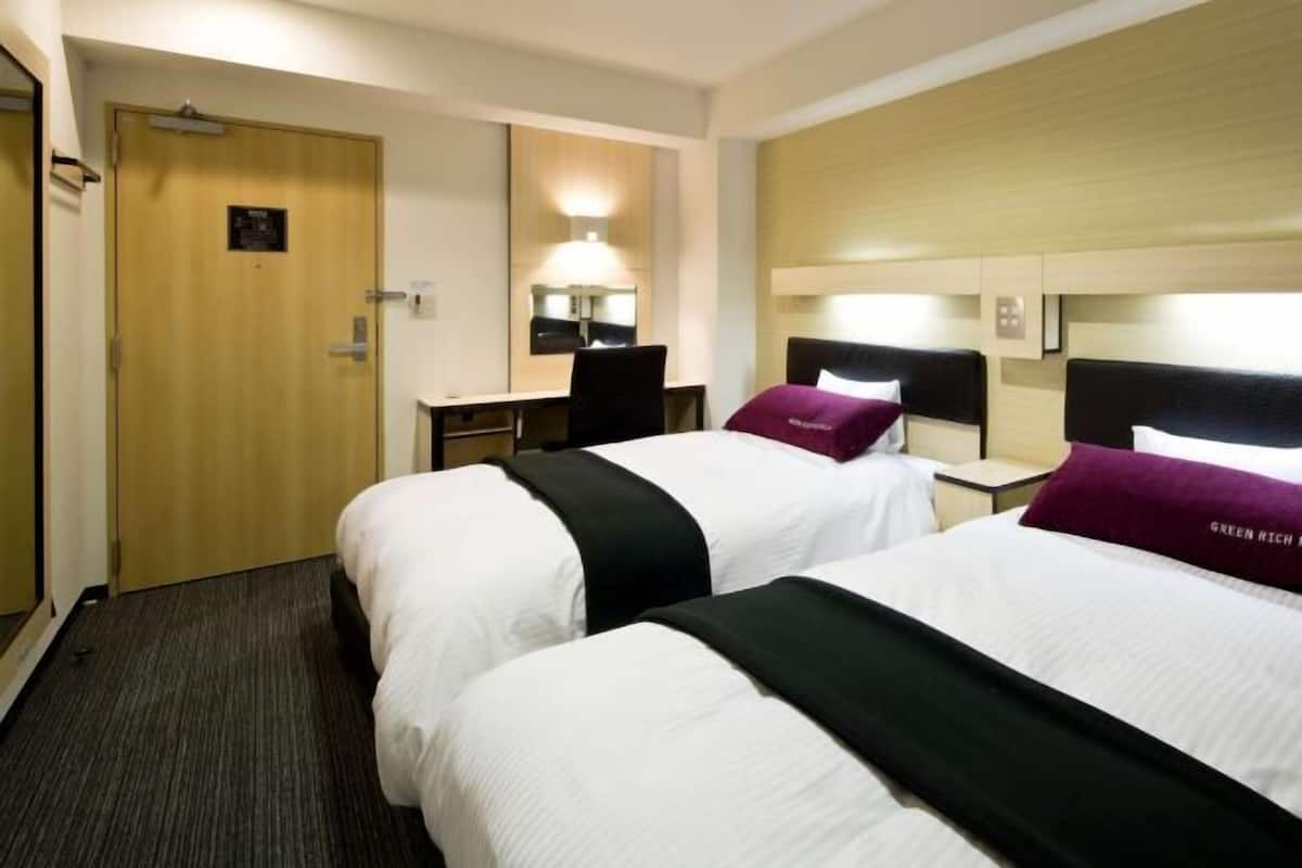 Down comforters, desk, blackout drapes, soundproofing
