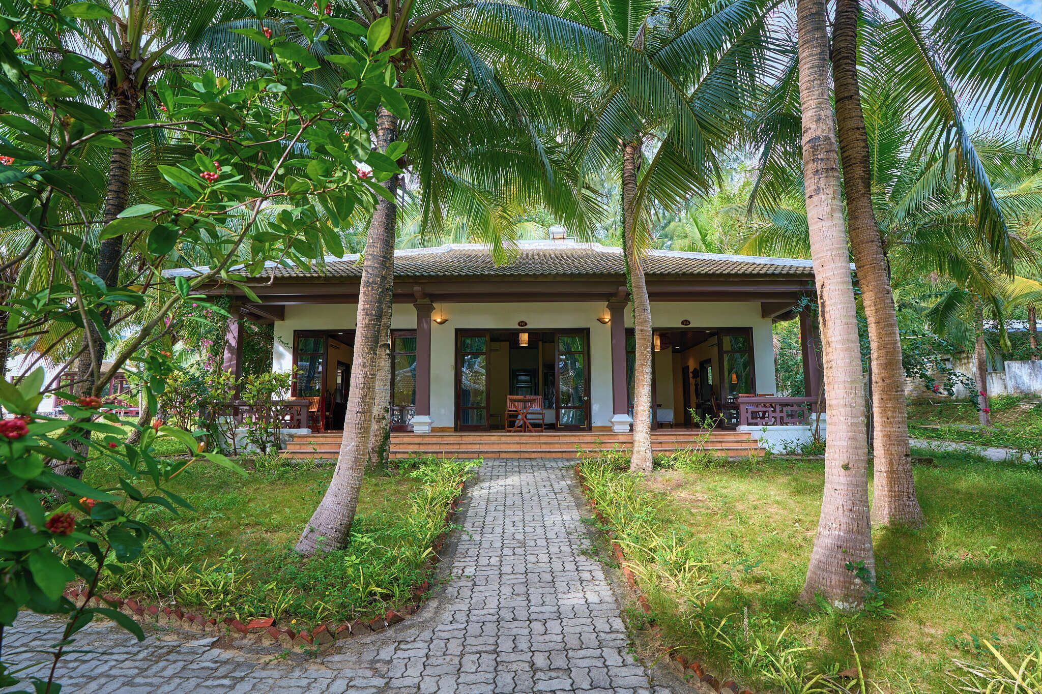 A house with a paved pathway leading to a porch, surrounded by palm trees and greenery.