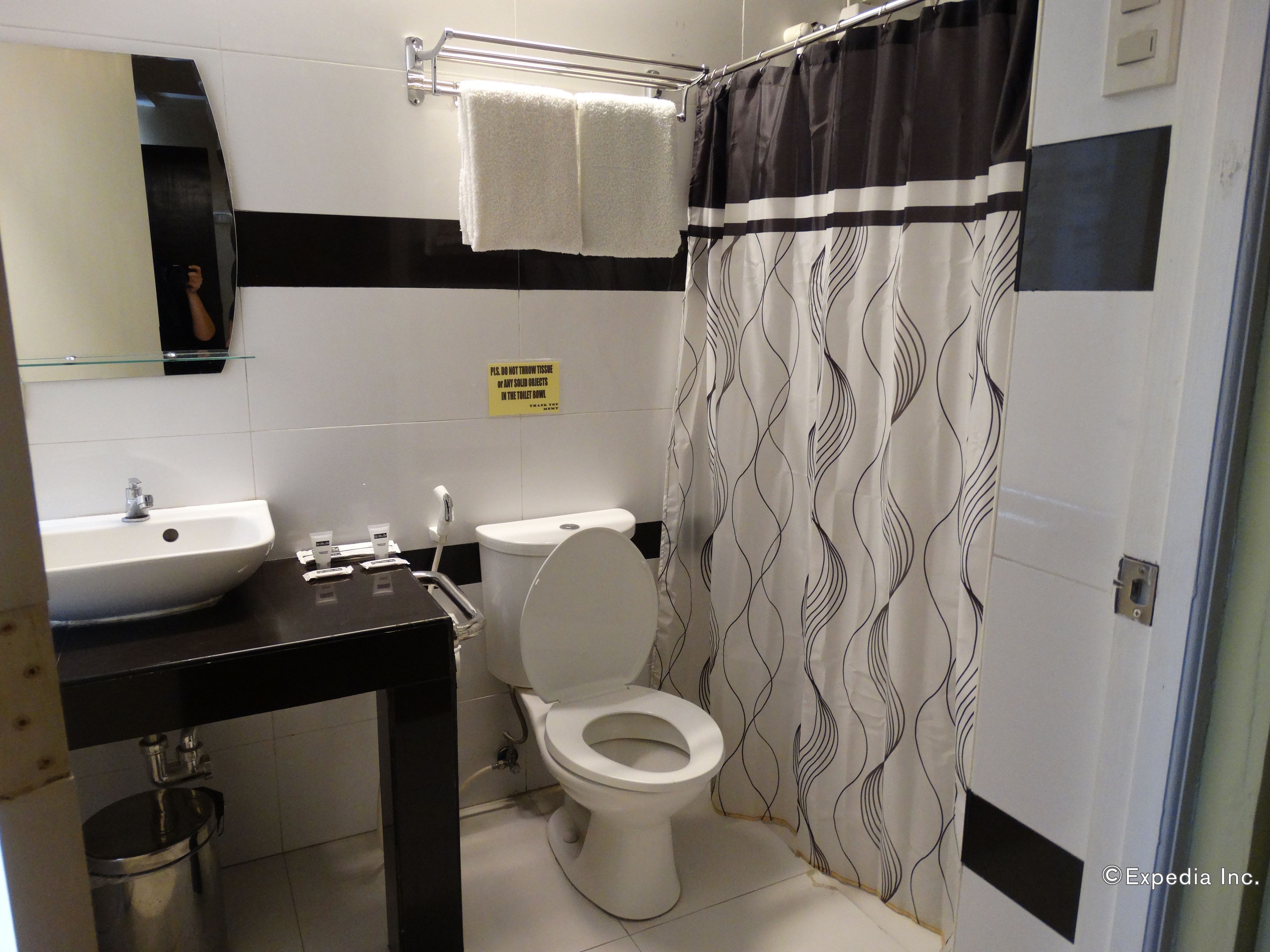 A bathroom with a sink, toilet, and a shower curtain.