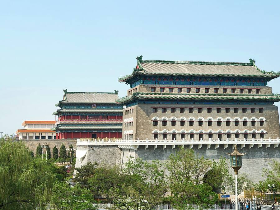 A traditional Chinese building with multiple tiers and ornate roof designs.