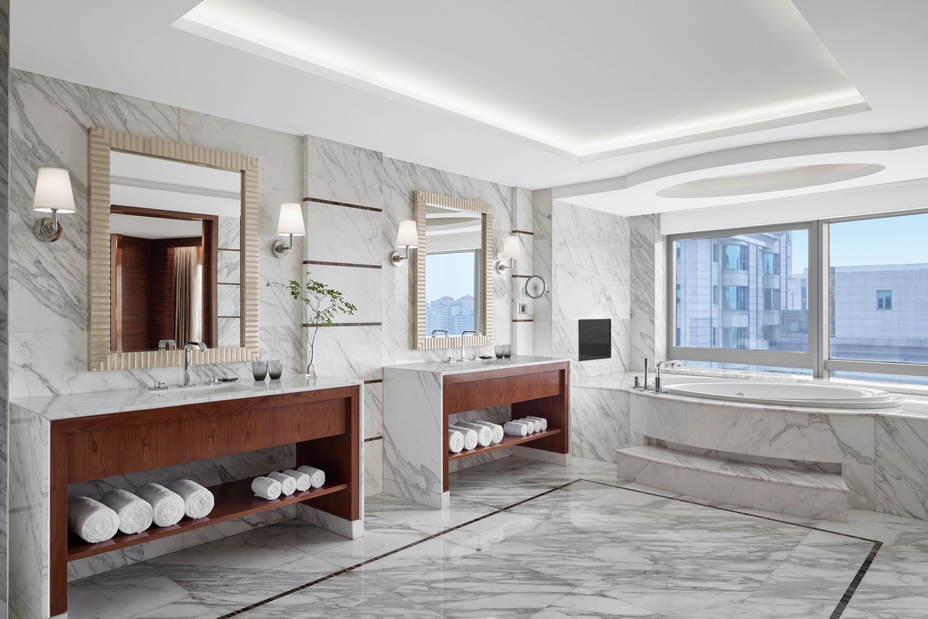 presidential suite room | bathroom | rainfall showerhead, free toiletries, hair dryer, bathrobes