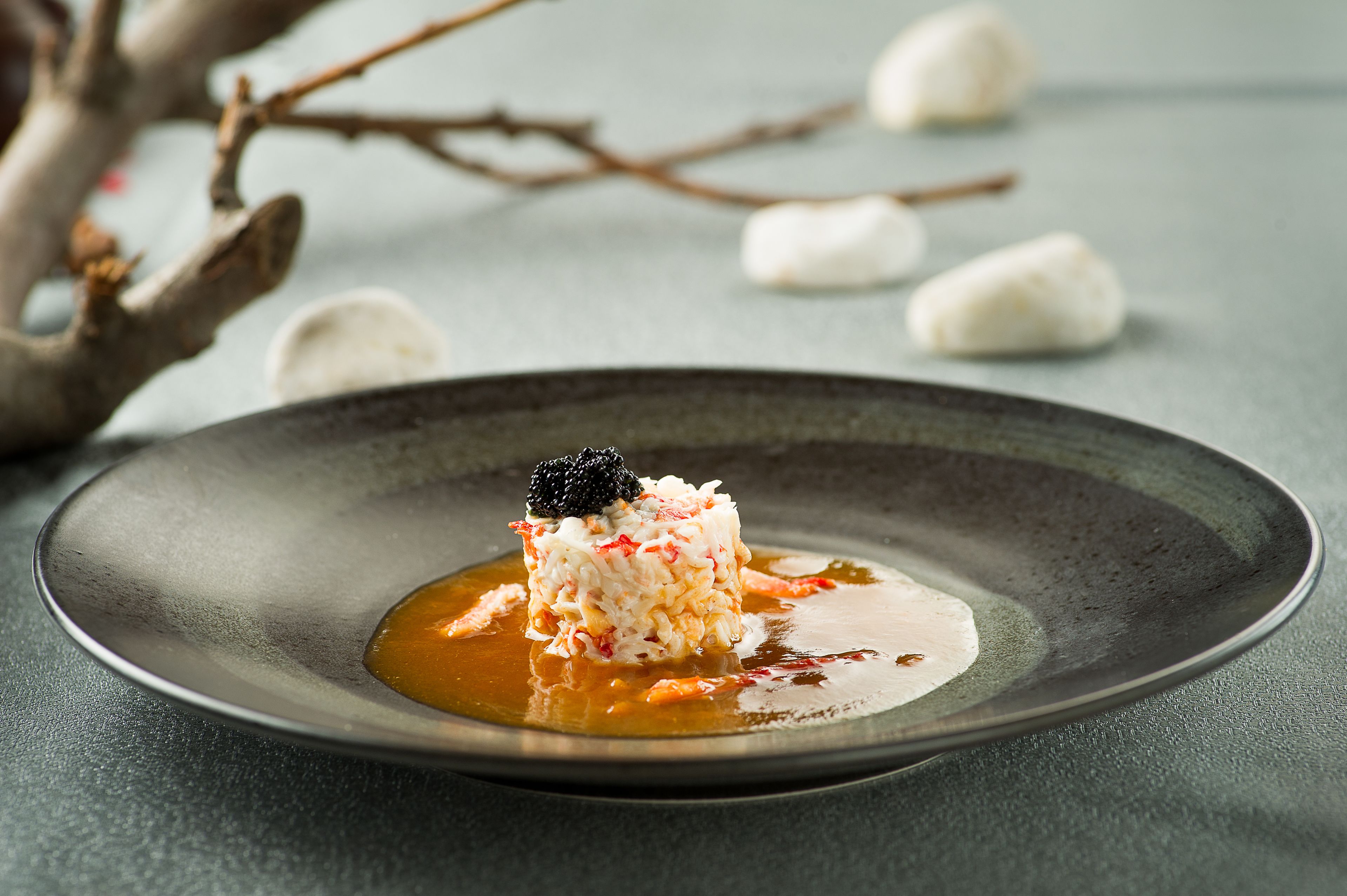 A dish with a mound of rice and a black sphere on top, served on a dark plate with a sauce pool.