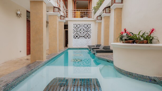 Une piscine dont les bords sont recouverts de carreaux, un paravent décoratif blanc et des plantes en pot.