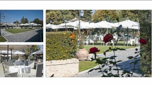 An outdoor event area with white canopies, tables, and chairs arranged for guests. - Hotel Castello di Septe (Mozzagrogna)