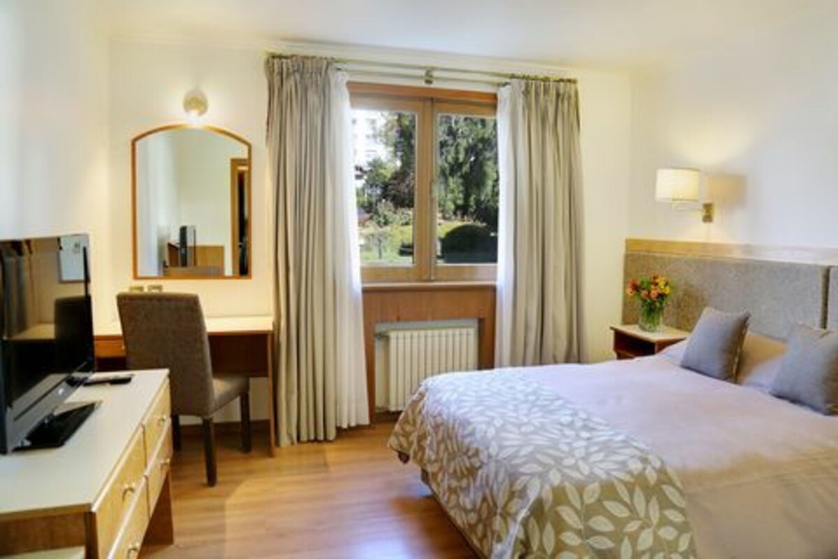 Une chambre d’hôtel équipée d’un lit, d’un bureau, d’une chaise, d’une télévision, d’une fenêtre avec des rideaux et d’un radiateur.