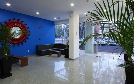 A modern lobby with a blue accent wall, a large decorative mirror, seating area, and potted plants.