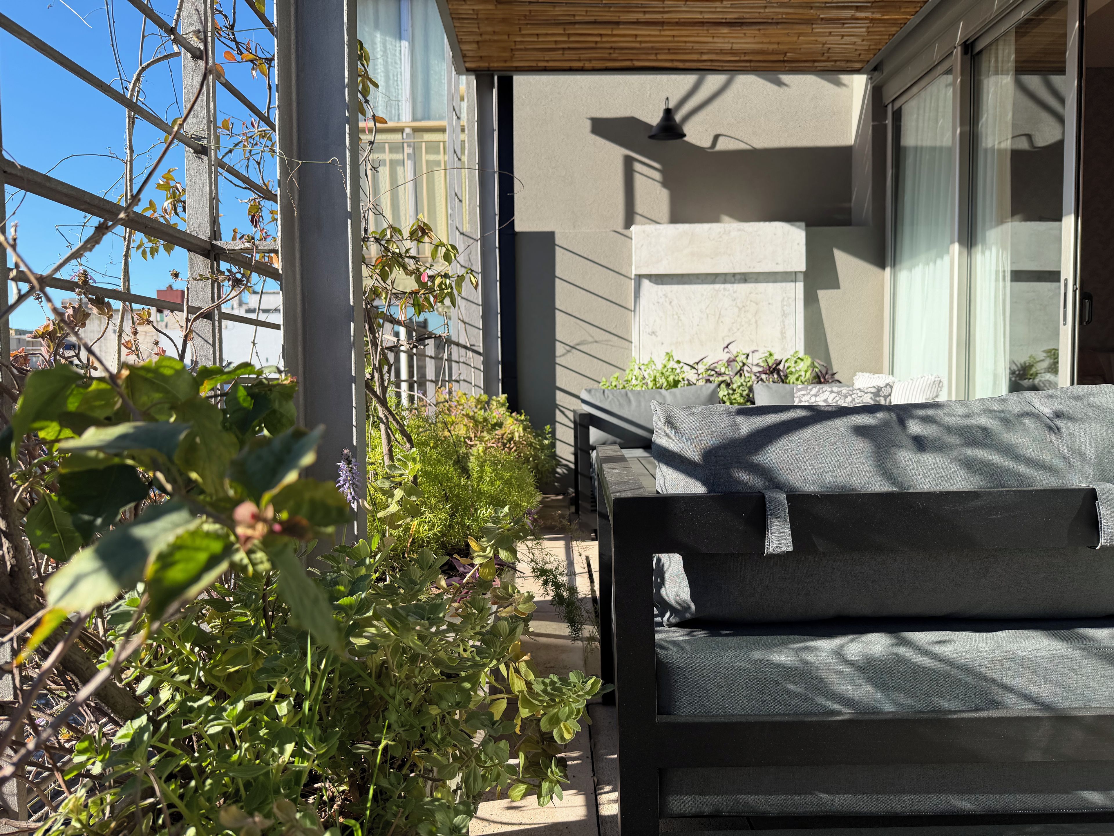 An outdoor seating area with a bench and potted plants.