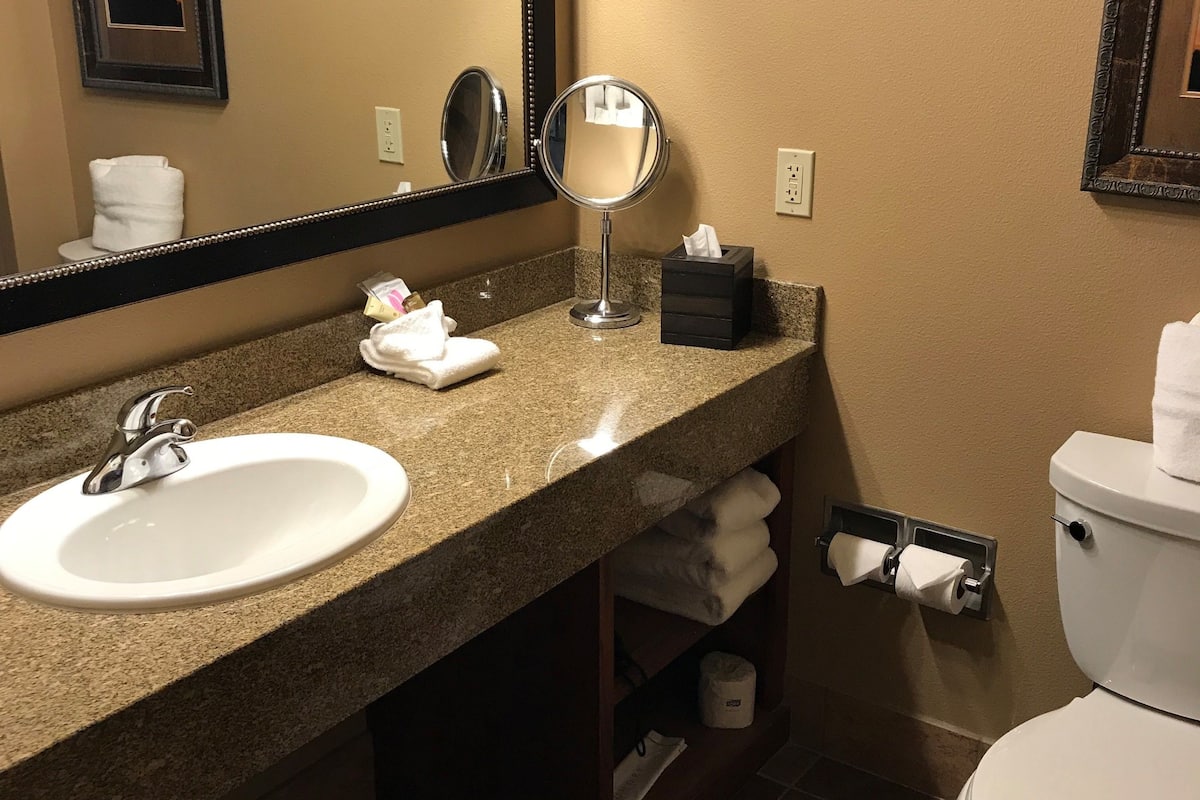 combined shower/bathtub, deep-soaking bathtub, free toiletries