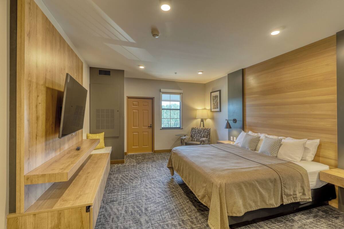 Un dormitorio con cama, escritorio, silla, televisión, ventana y puerta.