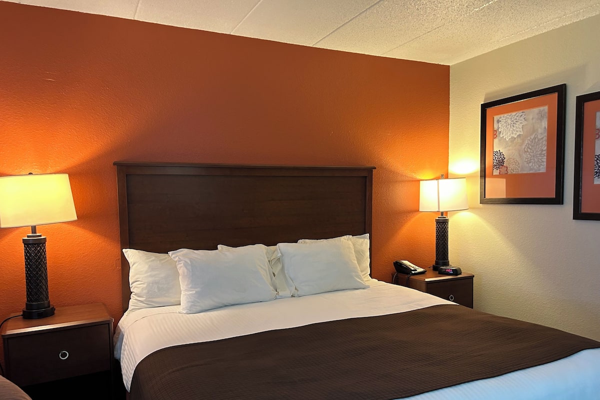 Quarto de hotel com cama grande, duas luminárias de cabeceira, mesa de cabeceira e quadros nas paredes.