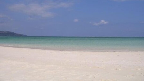 A beach with clear turquoise water and a sandy shore.