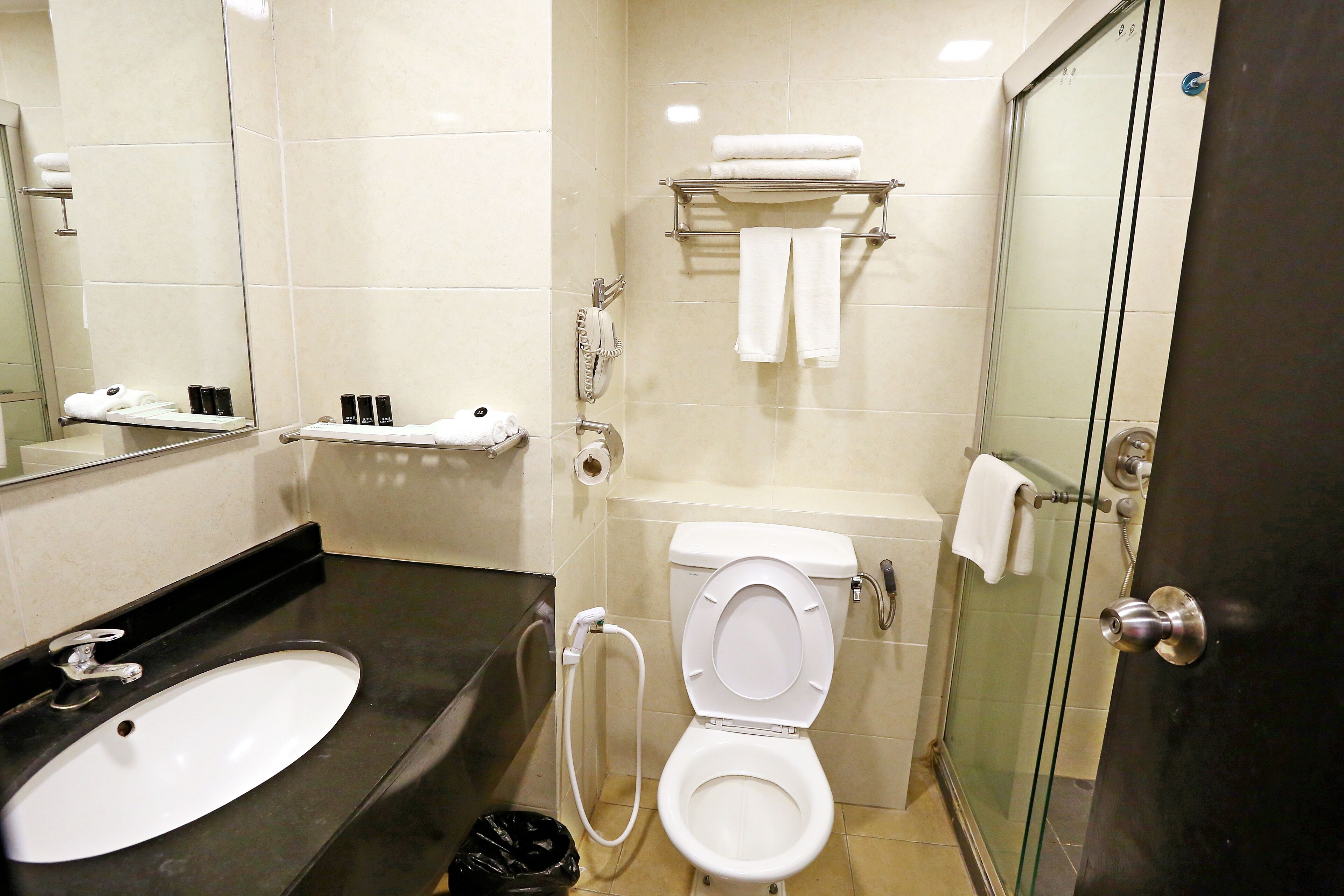 Un baño con lavabo, inodoro y ducha.