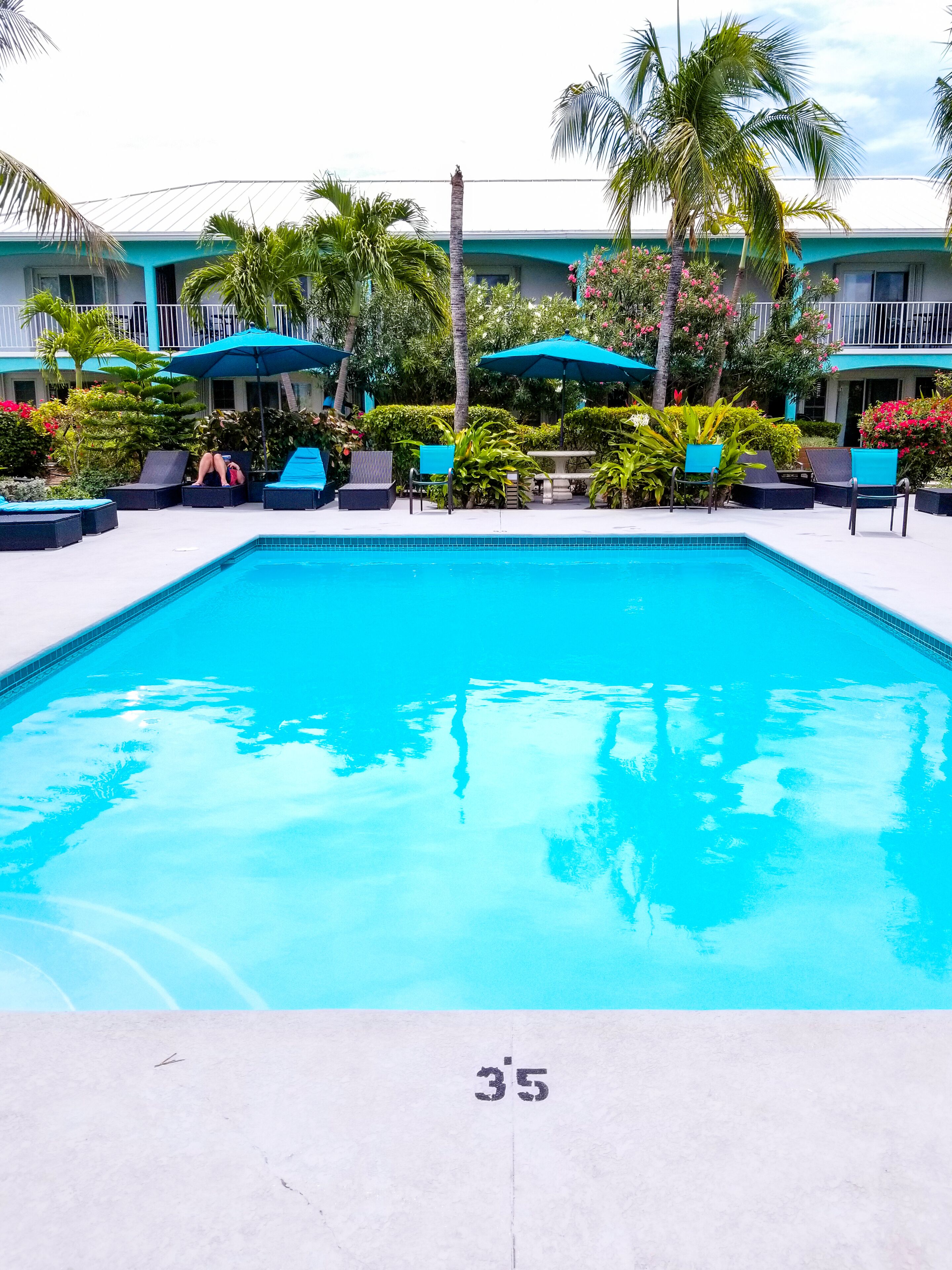 Ein Swimmingpool mit Liegestühlen und Sonnenschirmen, umgeben von Palmen und tropischer Bepflanzung.