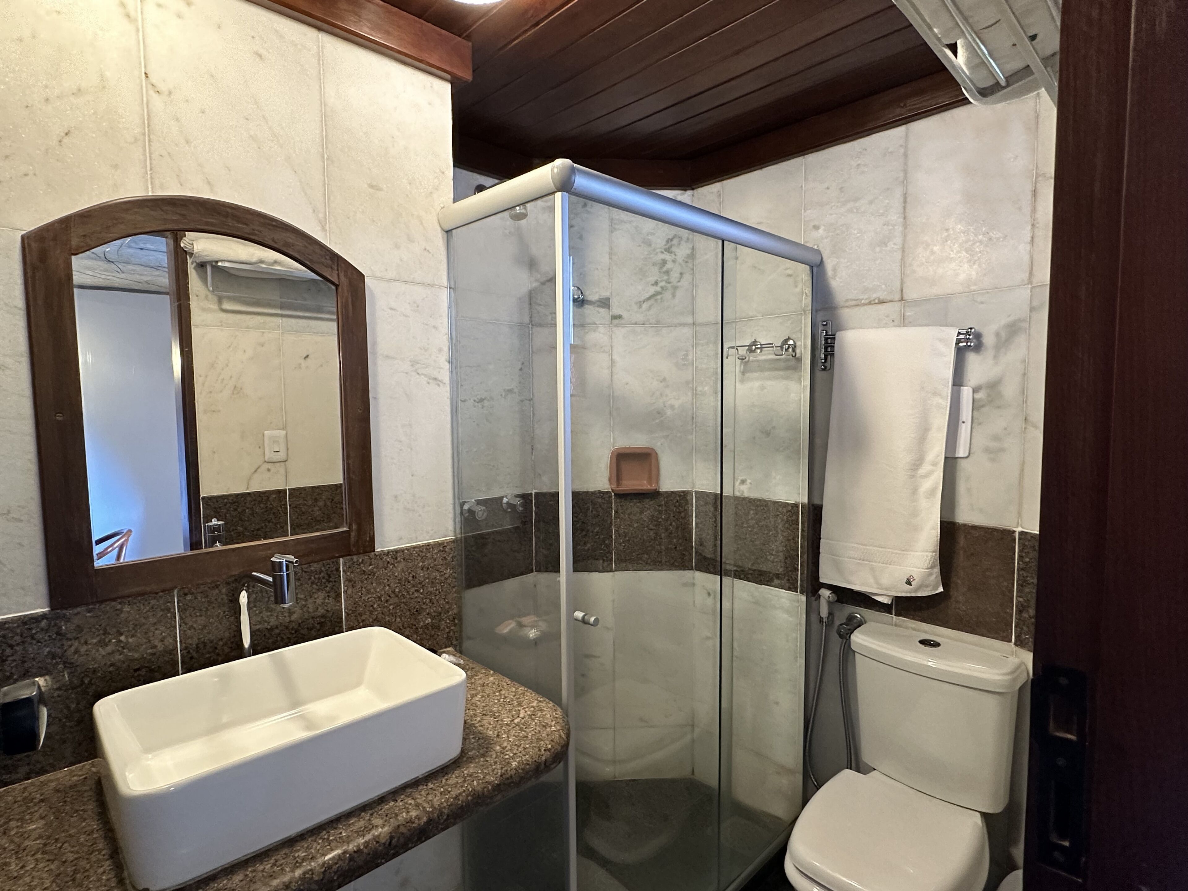 A bathroom with a glass-enclosed shower, a white sink, and a toilet.