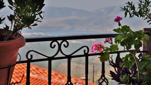 A balcony with potted plants and a view of a mountainous landscape. - Iniohos Hotel Restaurant (Delphi)