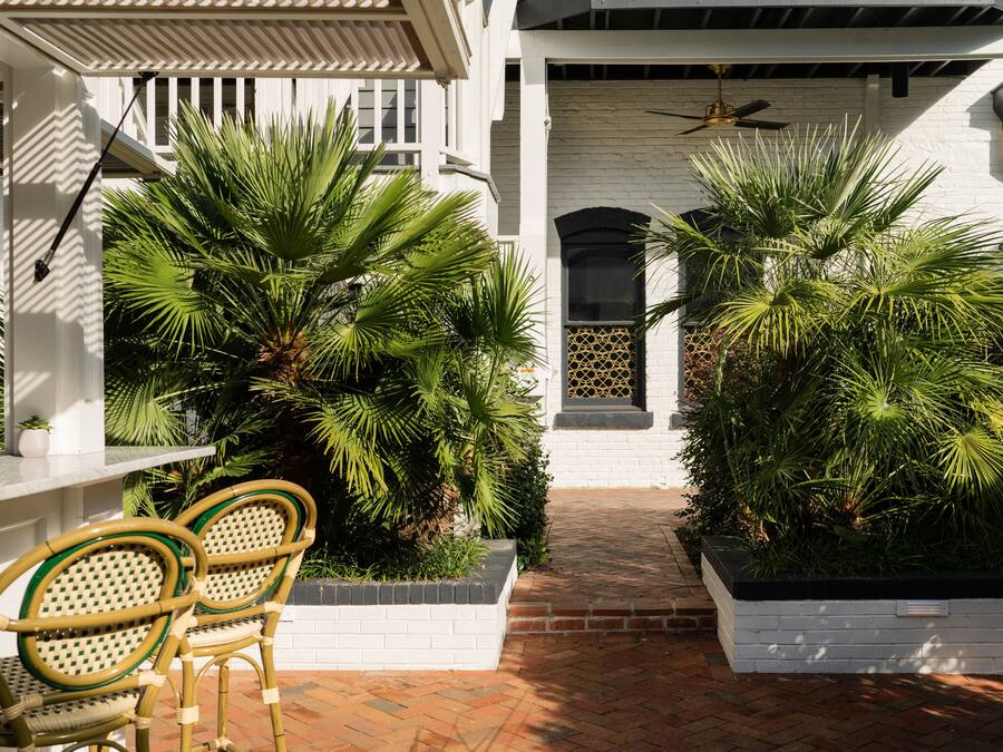 A courtyard with two wicker chairs, white brick walls, and large green plants.