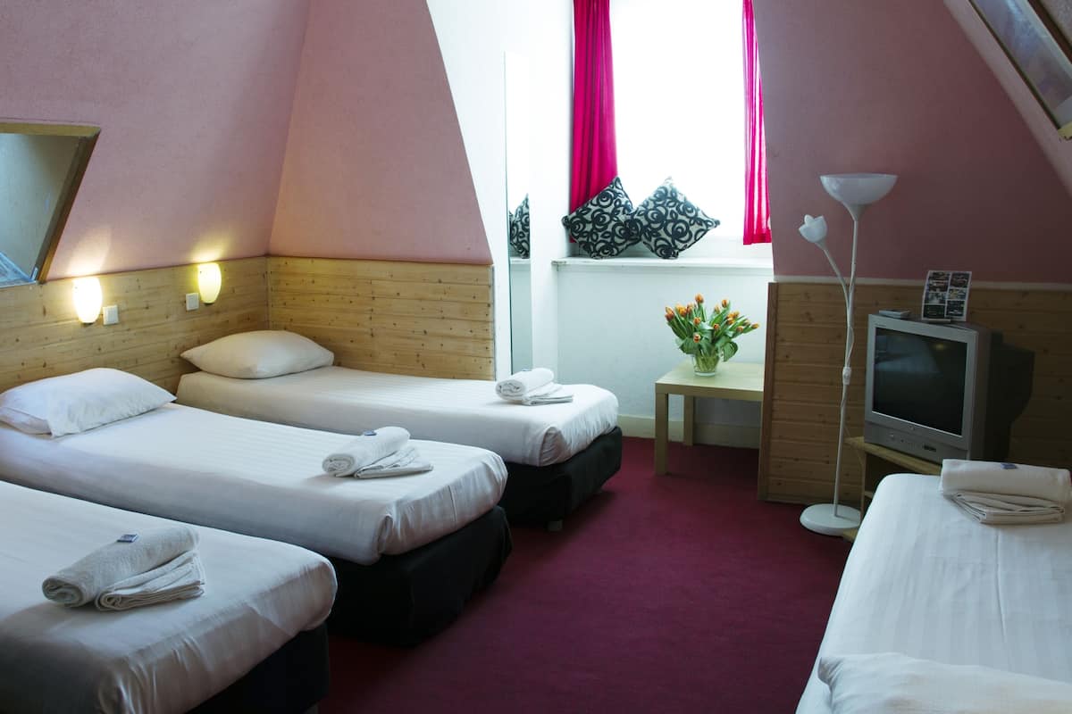 Habitación de hotel con dos camas, un televisor, una mesita con un jarrón de flores y una ventana con cortinas.