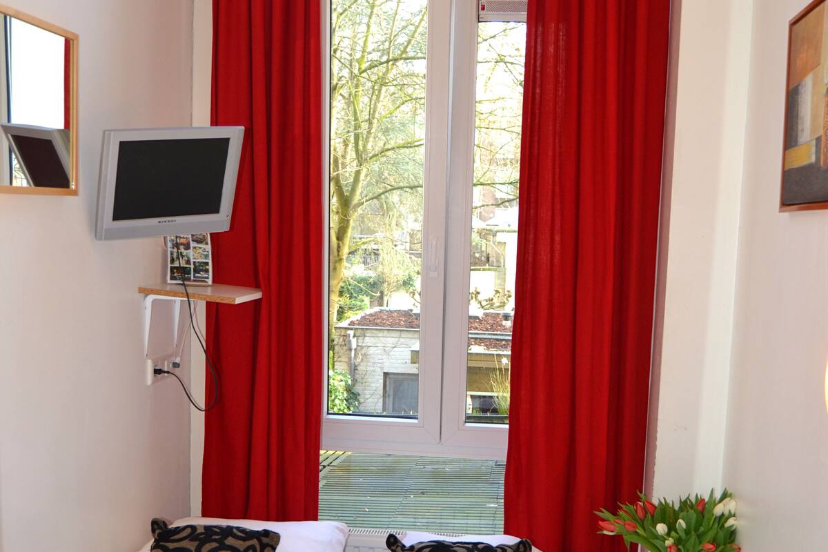 Habitación de hotel con una cama, cortinas rojas, un televisor, una mesita con un jarrón de flores y una ventana con vistas a árboles.