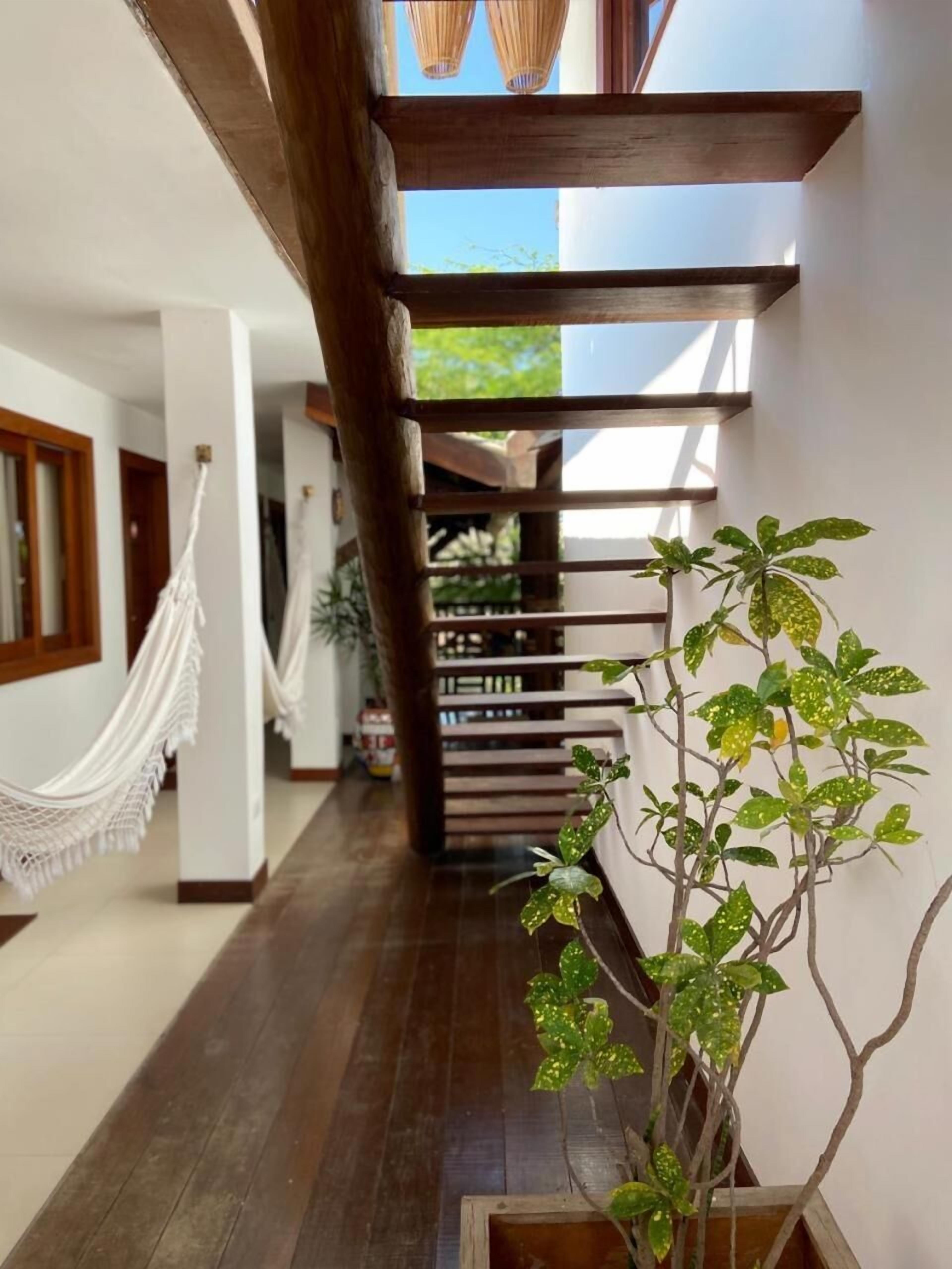 Una escalera de madera con una planta en maceta al pie.