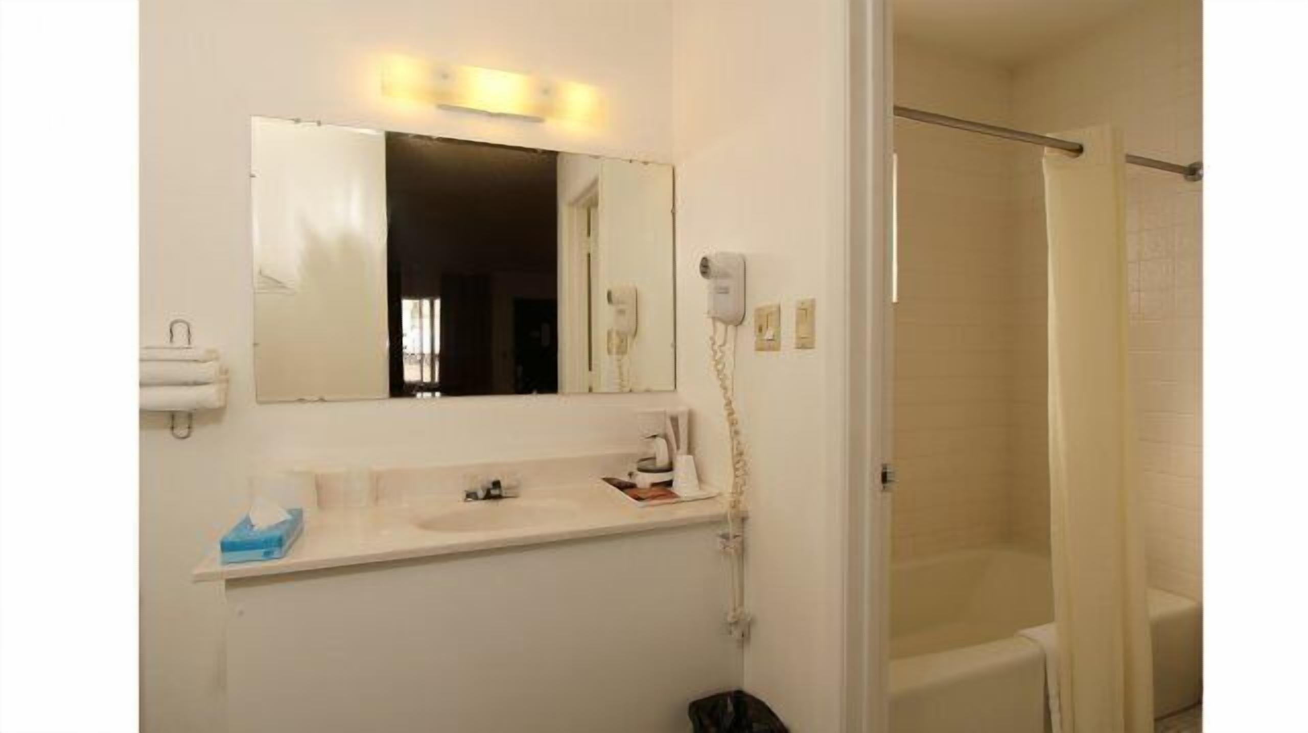 A bathroom with a sink, mirror, and a shower.