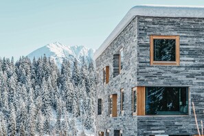 A modern building with a stone facade and large windows, surrounded by snow-covered trees and mountains.