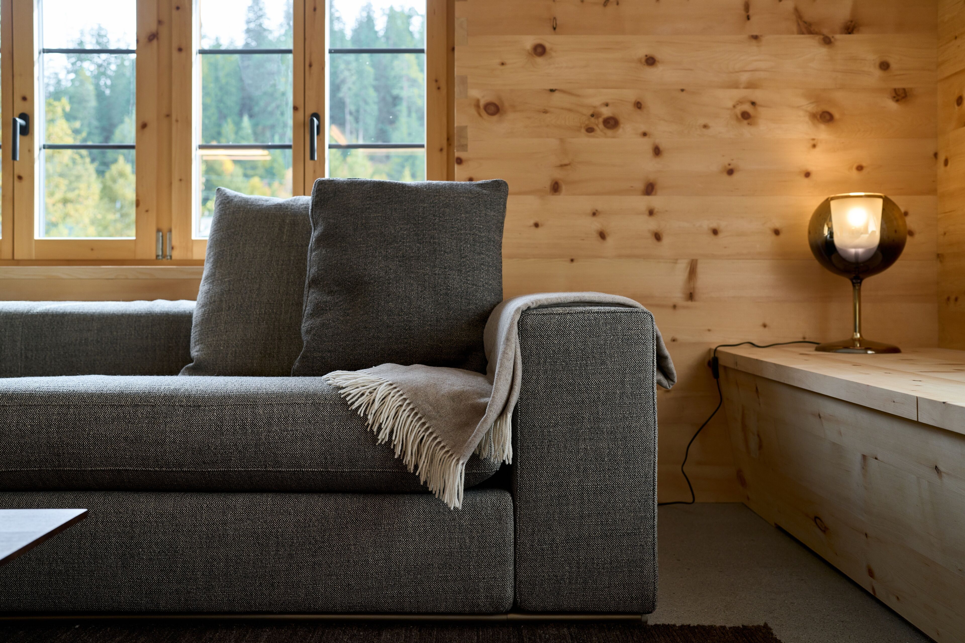 A modern log cabin interior with a grey sofa, a throw blanket, and a table lamp.