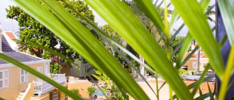 Un patio con piscina, palmeras y una escalera que lleva a un balcón.