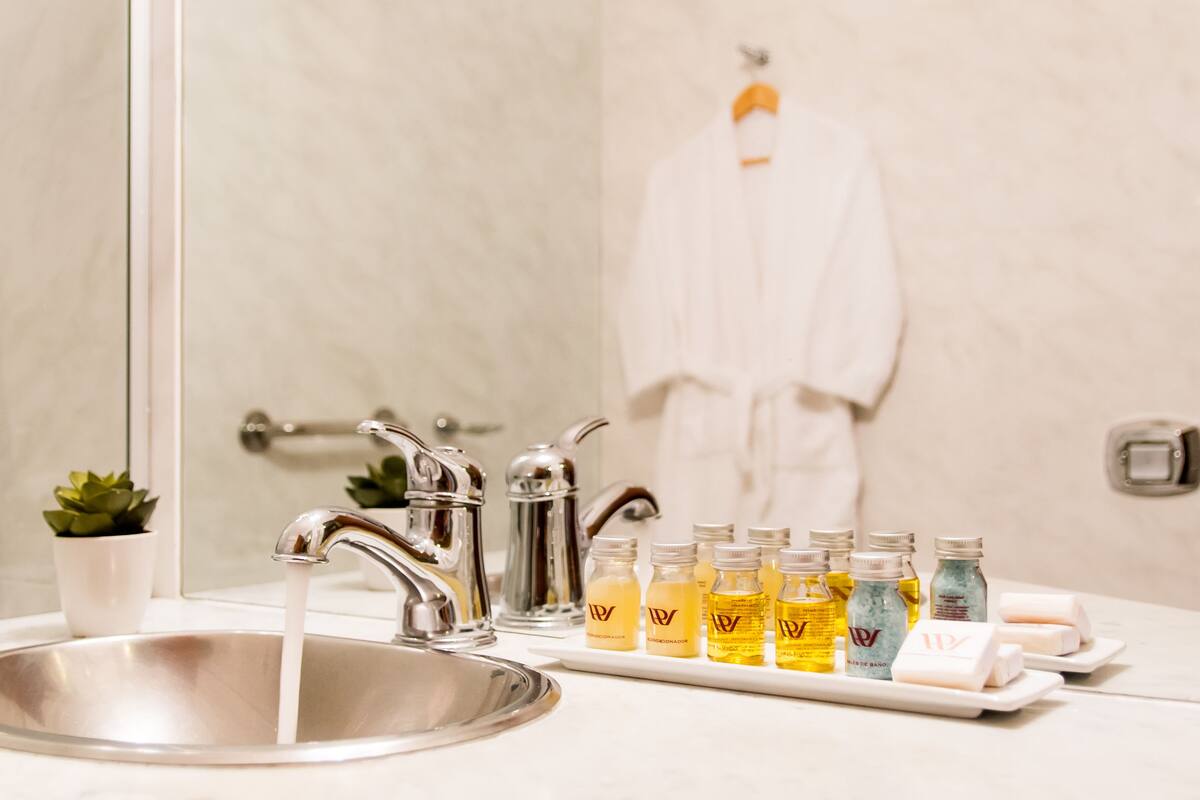 combined shower/bathtub, free toiletries, hair dryer, bidet