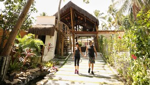 A pathway leading to a thatched-roof structure surrounded by lush greenery. - Pousada Enseada dos Golfinhos (Tibau do Sul)