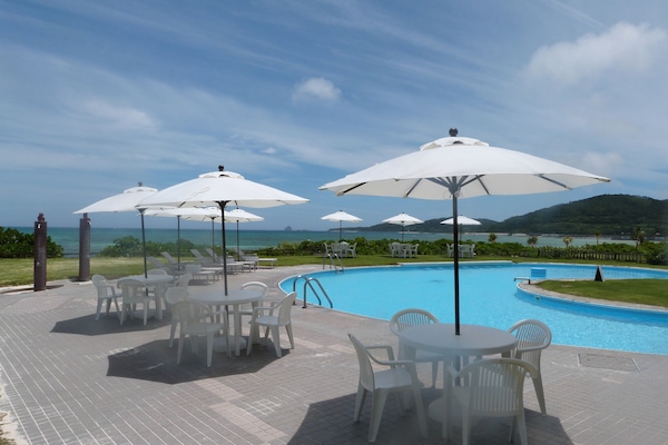 Outdoor pool, pool umbrellas, pool loungers