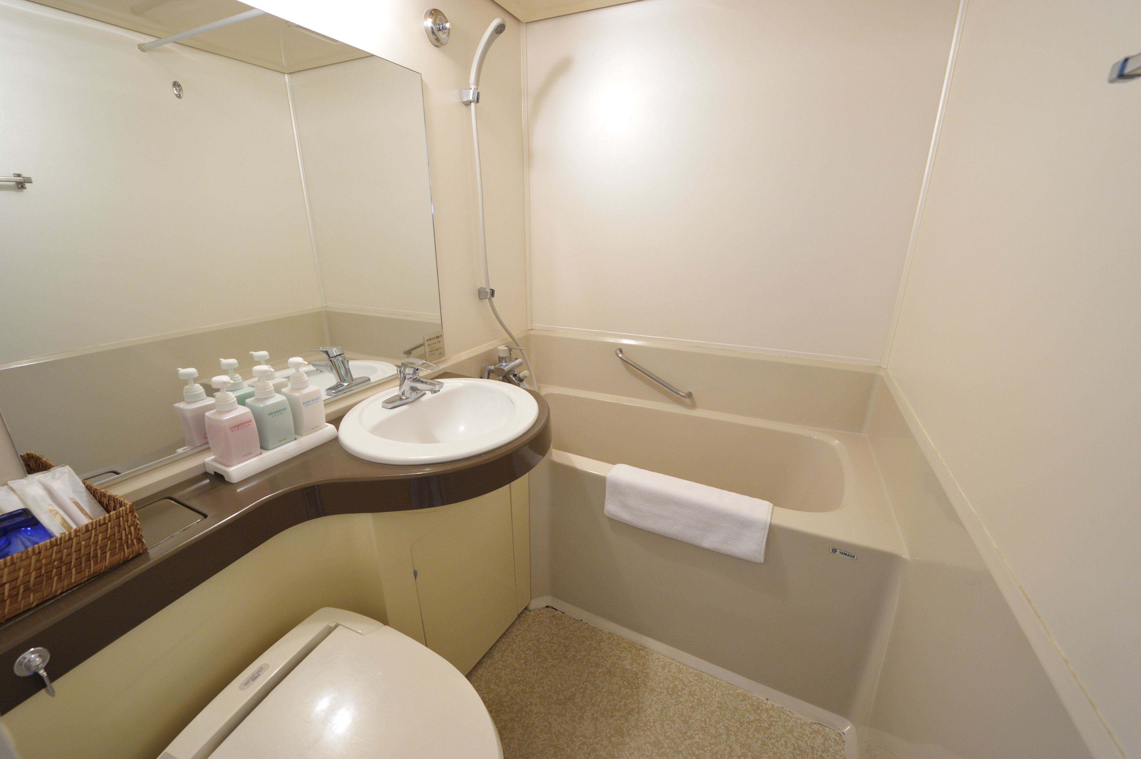 combined shower/bathtub, free toiletries, hair dryer, slippers