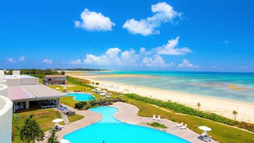 Outdoor pool, pool umbrellas, pool loungers