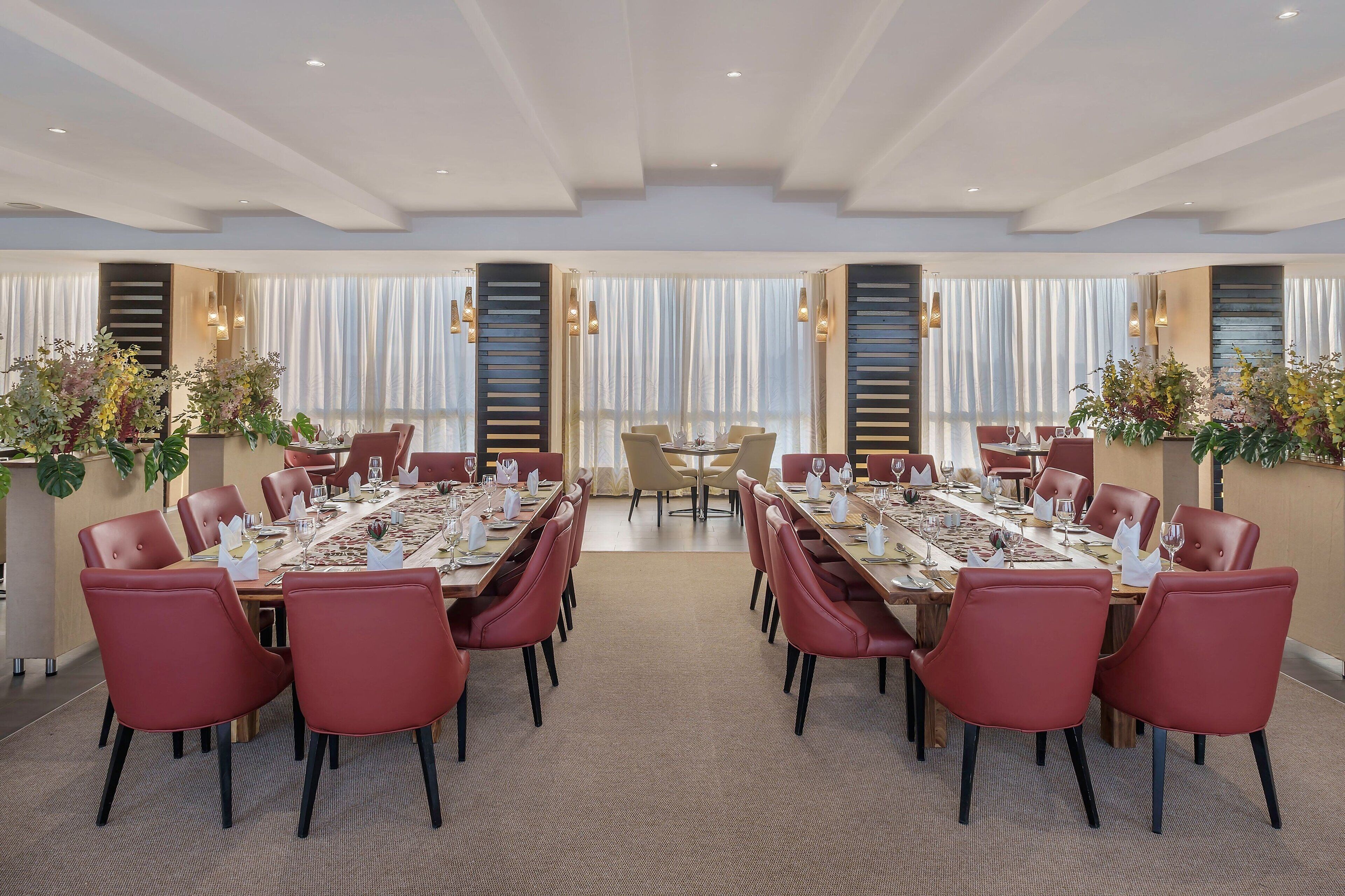 Un vaste espace dédié à la salle à manger, avec de longues tables et des chaises rouges, de grandes fenêtres ornées de rideaux et des plantes décoratives.